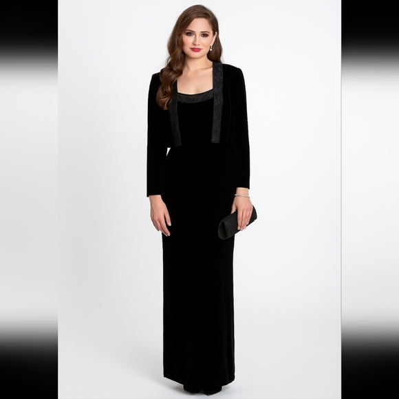 Adrianna Papell Dresses & Skirts - Adrianna Papell Occasions Black Velvet Beaded Evening Gown Matching Jacket Vinta